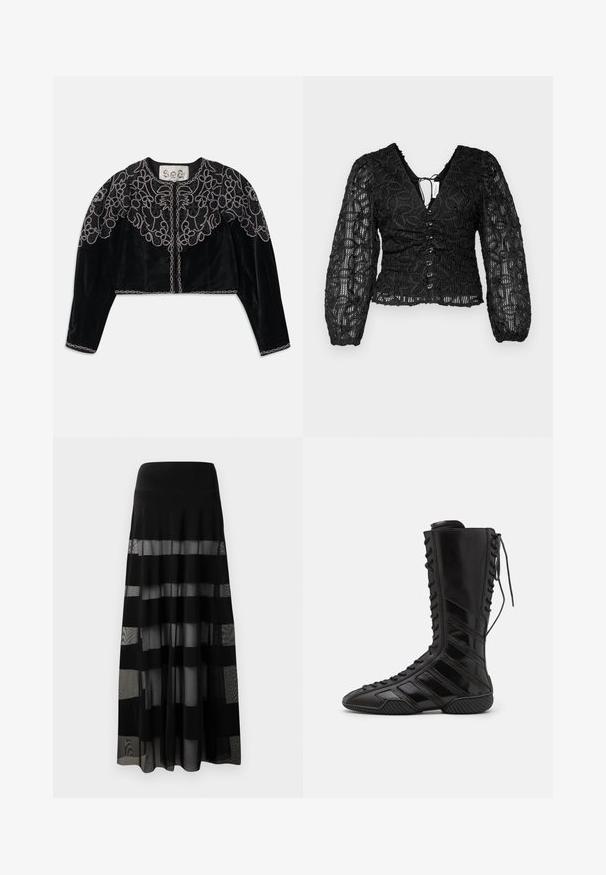 Schwarze, kurz geschnittene Samtjacke mit aufwändiger, bestickter Blumenstickerei und einer kettenähnlichen Verzierung entlang des Ausschnitts und Saums. Lange Ärmel.; Hofmann Copenhagen JULY TOP - Bluse - black; Schwarzer Maxikilt mit tailliertem Bund, der durchsichtige Einsätze und opake Streifen aufweist. Leichter Stoff mit glatter Textur.; Schwarze High-Top-Stiefel aus glänzendem synthetischem Material, mit einem aufwändigen Schnürdesign und diagonalen Streifenakzenten an den Seiten.