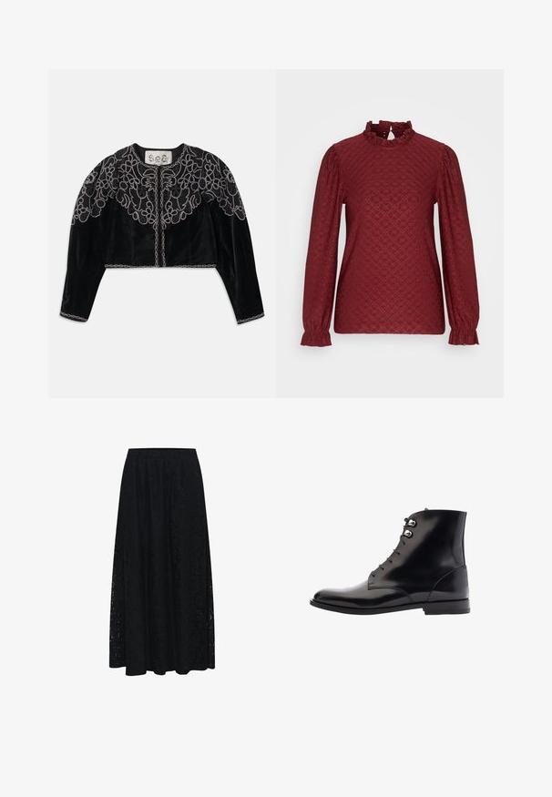Zwarte geknipte fluwelen jas met ingewikkelde geborduurde bloemen in kralen en een kettingachtige rand langs de halslijn en zoom. Lange mouwen.; JDY CATHINKA L/S HIGHNECK TOP - Blouse - windsor wine; Kaffe KANOMI - Maxirok - black deep; Zwarte leren enkelboots met een glanzende afwerking, voorzien van een slank ontwerp, ronde neus en een scheef veterafsluiting met metalen oogjes.