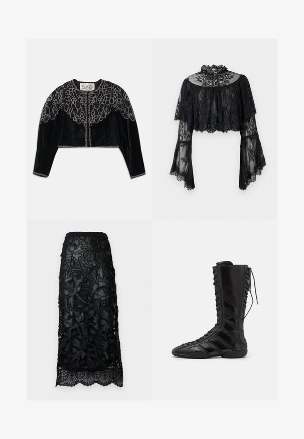 Zwarte geknipte fluwelen jas met ingewikkelde geborduurde bloemen in kralen en een kettingachtige rand langs de halslijn en zoom. Lange mouwen.; Zwarte kanten cropped blouse met uitlopende lange mouwen, hoge gerimpelde halslijn en bloemenpatroon op doorzichtige stof.; Zwarte kant rok met ingewikkelde bloemenborduursel, een getailleerde tailleband en een gegolfde zoom. Transparante overlay met textuurdetails.; Zwarte hoge laarzen van glanzend synthetisch materiaal, met een ingewikkeld vetersluiting ontwerp en diagonale streepaccenten aan de zijkanten.