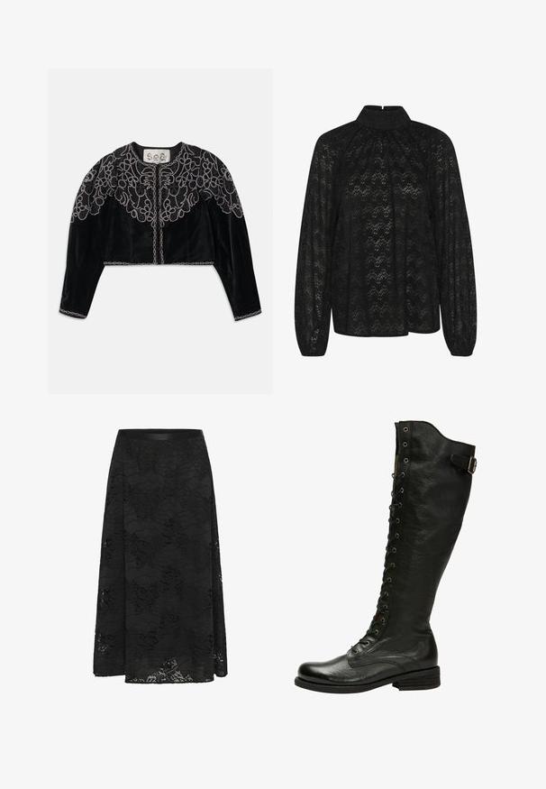 Schwarze, kurz geschnittene Samtjacke mit aufwändiger, bestickter Blumenstickerei und einer kettenähnlichen Verzierung entlang des Ausschnitts und Saums. Lange Ärmel.; Schwarze Spitzenbluse mit hohem Kragen, langen Ärmeln und einem strukturierten Zickzackmuster. Der Stoff hat eine durchscheinende Qualität und ist fließend.; Schwarzer Spitzenrock mit ausgestelltem Design. Verfügt über ein florales Muster, eine strukturierte Oberfläche und einen taillierten Bund. Die Länge reicht bis zur Mitte der Waden.; Schwarze Leder-Knöchelstiefel mit Schnürung vorne, silbernen Ösen und seitlichem Schnallenverschluss. Verfügt über eine strukturierte Oberfläche und einen gestapelten Absatz.