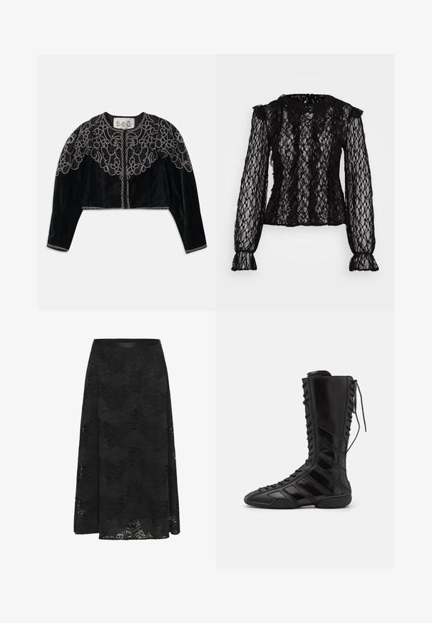 Veste en velours noire courte avec une broderie florale en perles intricate et une finition en chaîne le long de l'encolure et de l'ourlet. Manches longues.; Haut en dentelle noire à manches longues avec une coupe ajustée, des détails volantés aux épaules et aux poignets, et un motif floral texturé tout au long.; Jupe en dentelle noire avec une coupe évasée. Présente un motif floral, une surface texturée et une taille ajustée. La longueur atteint le milieu du mollet.; Bottes montantes noires en matériau synthétique brillant, présentant un design de laçage sophistiqué et des accents de rayures diagonales sur les côtés.