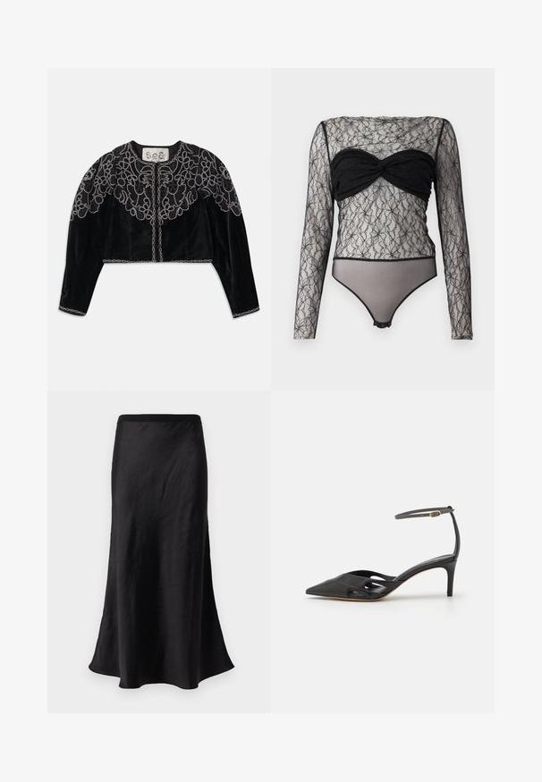 Sort cropped velourjakke med detaljeret perlebroderi af blomster og en kæde-lignende kant langs udskæringen og kanten. Lange ærmer.; Hofmann Copenhagen PAULA - Langærmet T-shirt - black; Sort, gulvlange nederdel lavet af glat stof; har en tætsiddende talje og en udvidet kant med let glans og bevægelsesfremmende fald.; Sort læder højhælet sko med spids tå, åbne sider og en tynd ankelrem med en lille guld detalje.