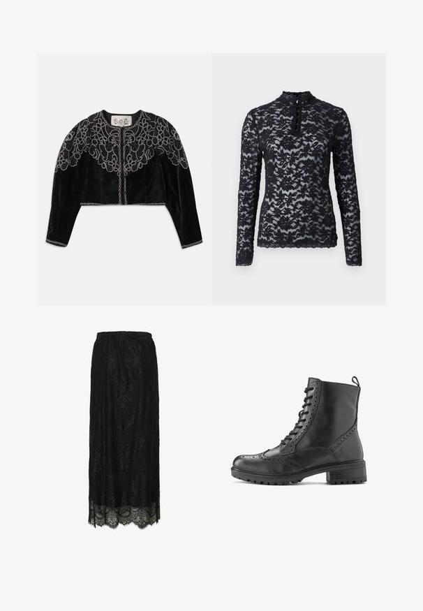 Schwarze, kurz geschnittene Samtjacke mit aufwändiger, bestickter Blumenstickerei und einer kettenähnlichen Verzierung entlang des Ausschnitts und Saums. Lange Ärmel.; Rosemunde Langarmshirt - black; Schwarzer SpitzMidirock mit gewelltem Saum und floralem Muster, ausgestattet mit einem elastischen Bund.; Schwarzer Leder-Stiefelette mit Brogue-Details, Schnürdesign, robuster Sohle und einer Zuglasche an der Ferse für einfaches Anziehen.