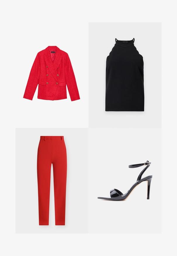 Blazer en tweed rouge avec un design à double boutonnage, accents de boutons dorés, revers à crans et deux poches avant. Finition en tissu texturé.; Top noir sans manches à col halter avec bords festonnés et fines bretelles, présenté sur un fond clair uni.; Pantalon rouge sur mesure avec une texture lisse, coupe droite, passants pour ceinture et poches avant. Présente un design épuré et minimaliste.; Sandale à talon haut en cuir verni noir, à bout ouvert, avec bride à la cheville et fermeture à boucle, vue de profil sur fond blanc.