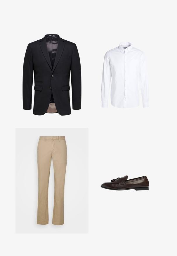 Blazer noir slim fit pour homme avec deux boutons, revers crantés et deux poches avant à rabat, présenté sur fond blanc.; Chemise blanche à manches longues avec col boutonné et poche poitrine, présentée sur un fond blanc uni.; Pantalons droits beiges en tissu de coton avec une taille plate et des passants pour ceinture. Présente une fermeture à un bouton et des ourlets.; Mocassins en cuir marron avec un petit talon, présentant une large sangle et un gland décoratif. La texture lisse et le design classique améliorent leur polyvalence.
