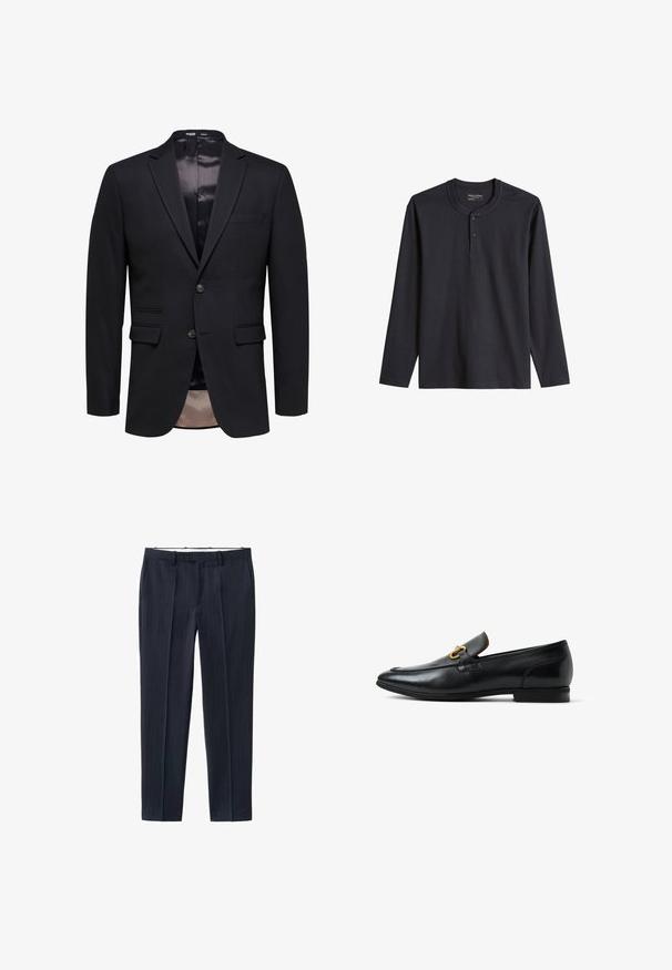 Sort herreblazer med slim fit, to knapper, notch revers og to forlommer med klap, vist på hvid baggrund.; Sort langærmet Henley-skjorte med rund halsudskæring og to-knaps stolpelukning, lavet af ribbet stof med almindelig pasform.; Marineblå bukser med nålestriber lavet af letvægtsstof, med flad front, bæltestropper, to sidelommer og en skræddersyet pasform.; Sort læderloafer med guldfarvet metalbit-detalje og lav hæl, vist fra siden mod hvid baggrund.