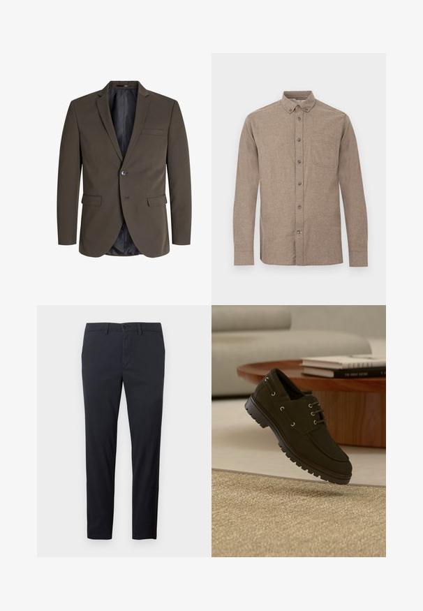 Mørkebrun blazer med en enkelt knap, to forlommer og slagkrave. Indersiden er foret med sort stof for kontrast.; Brun langærmet skjorte lavet af tekstureret stof, med en knappet krave, en frontlomme og fem knapper ned langs klapstykke.; Sorte bomuldsbukser med lige ben, standardtalje, forlommer og enkelt knaplukning. Har en glat tekstur.; Sort lædersko med snørebånd og tyk gummisål, svævende over beige tekstureret tæppe nær et træ-sofabord og stakkede bøger.