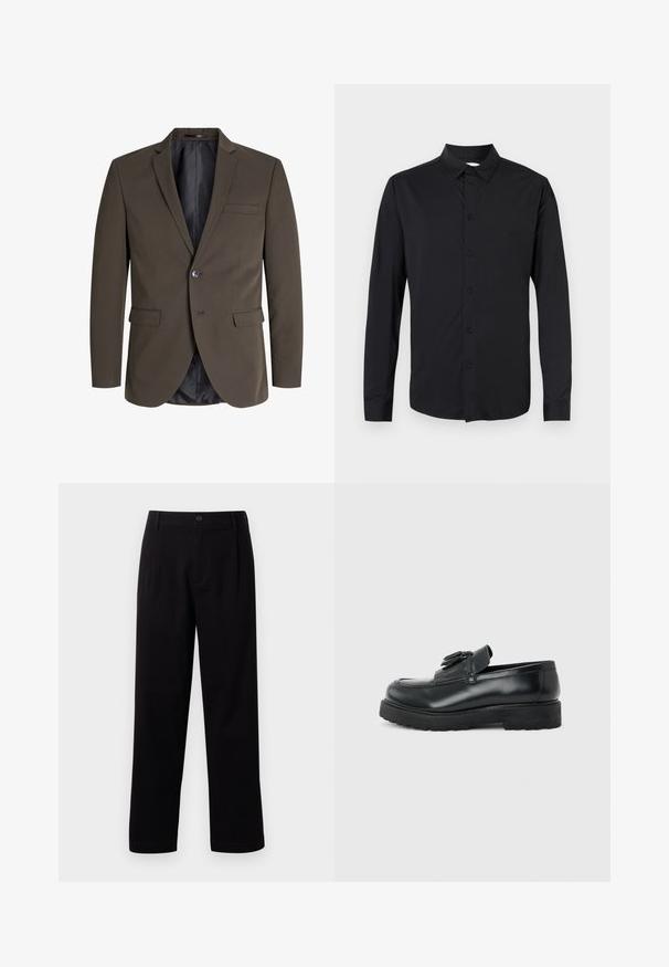 Mørkebrun blazer med en enkelt knap, to forlommer og slagkrave. Indersiden er foret med sort stof for kontrast.; Sort langærmet skjorte med knapper, der har en krave, forreste knapper, og et glat, mat finishstof. Ingen synlige mønstre eller detaljer.; Sorte stofbukser med lige snit, forknytninger foran og en enkelt knaplukning. Glat tekstur og ingen synlige mønstre.; Sort læderloafer med kvaster, tyk gummisål og lav hæl, vist i sideprofil på en ensfarvet baggrund.