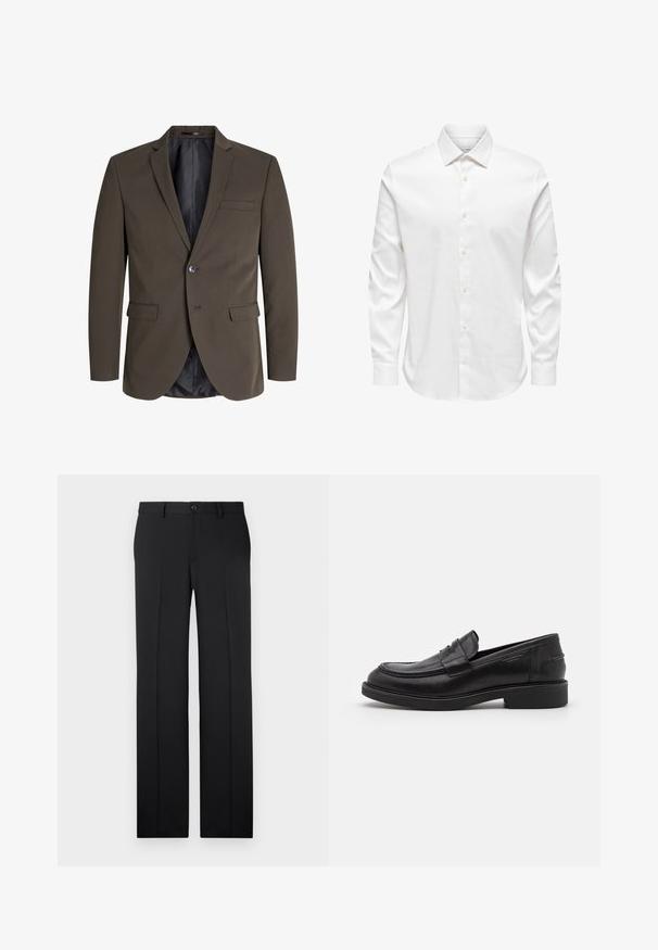 Donkerbruine blazer met een enkele knoop, twee voorzakken en een notch revers. De binnenkant is gevoerd met zwarte stof voor contrast.; Wit herenshirt met lange mouwen, een puntige kraag en een rij witte knopen aan de voorkant op een effen achtergrond.; Zwarte, op maat gemaakte broek met een rechte pijp, zachte stof, voorvouwen en een enkele knoopsluiting in de taille.; Zwarte leren loafers met een ronde neus, ton-sur-ton stiksels en een banddetail aan de voorkant. Rubberen zool met een lage hak.