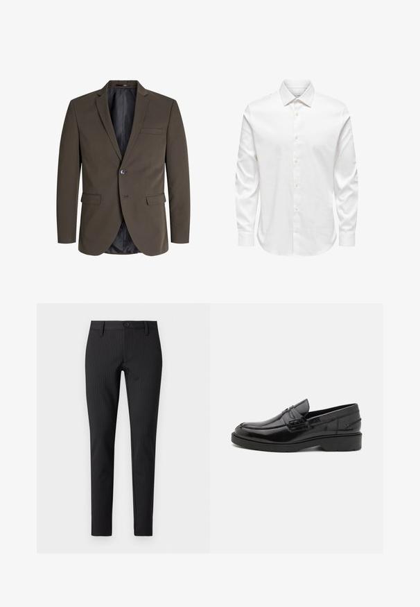 Donkerbruine blazer met een enkele knoop, twee voorzakken en een notch revers. De binnenkant is gevoerd met zwarte stof voor contrast.; Wit herenshirt met lange mouwen, een puntige kraag en een rij witte knopen aan de voorkant op een effen achtergrond.; Zwarte broek met streepdessin, met een platte voorkant, slim fit, voorzien van een knoopsluiting en ceintuurlussen, gemaakt van een soepel textielmateriaal.; Zwarte leren instappers met een gladde afwerking, ronde neus, lage hak en decoratieve stiksels aan de voorkant. Rubberen buitenzool voor grip.