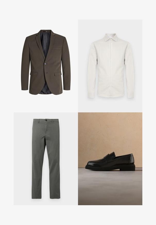 Mørkebrun blazer med en enkelt knap, to forlommer og slagkrave. Indersiden er foret med sort stof for kontrast.; Herreskjorte med lange ærmer, smalle lodrette beige og hvide striber, knappet front, spids krave og knappede manchetter.; Mænds olivengrønne afslappede bukser med knaplukning og bæltestropper, vist fladt mod en hvid baggrund.; Sort læderloafer svæver over et beige tekstureret tæppe, med et rundt træ-sofabord og bøger i baggrunden.