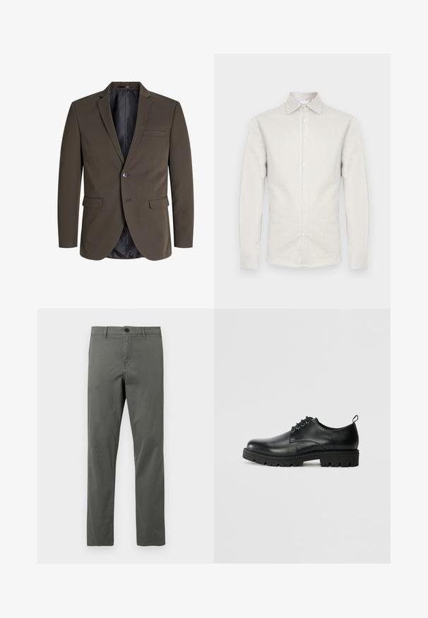 Mørkebrun blazer med en enkelt knap, to forlommer og slagkrave. Indersiden er foret med sort stof for kontrast.; Herreskjorte med lange ærmer, smalle lodrette beige og hvide striber, knappet front, spids krave og knappede manchetter.; Mænds olivengrønne afslappede bukser med knaplukning og bæltestropper, vist fladt mod en hvid baggrund.; Sort læder sko med en rund tå, der har snørelukning, solid sort gummisål og en lille hælflap bagpå.