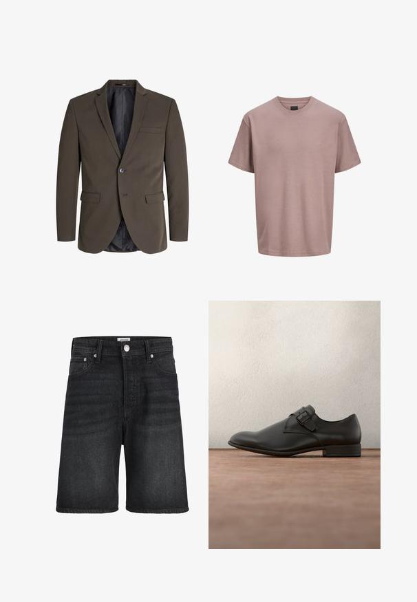 Mørkebrun blazer med en enkelt knap, to forlommer og slagkrave. Indersiden er foret med sort stof for kontrast.; Kortærmet, lys lavendelfarvet T-shirt med rund hals og et lille diskret logo på venstre bryst, vist på en ensfarvet hvid baggrund.; Sort denimshorts med knap- og lynlåslukning, bæltestropper og fem lommer, vist forfra mod en ensfarvet hvid baggrund.; Sort lædersko til kjole med glat tekstur, rundet tå, sidespænde og lav hæl, placeret over en grå overflade.