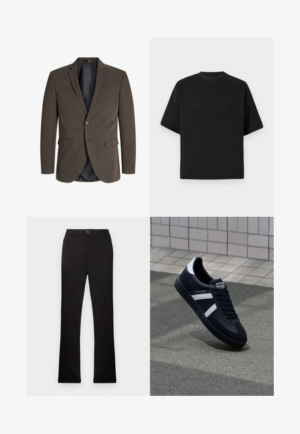 Donkerbruine blazer met een enkele knoop, twee voorzakken en een notch revers. De binnenkant is gevoerd met zwarte stof voor contrast.; Zwarte T-shirt met korte mouwen in een losse pasvorm, gemaakt van zachte katoen, met een ronde halslijn en een minimalistisch ontwerp.; Zwarte katoenen broek met rechte pijpen, een knoop- en ritsluiting, en zijzakken. Gladde textuur, geen zichtbare patronen of accenten.; Zwarte leren sneaker met witte strepen, een gestructureerde rubberen zool en vetersluiting aan de voorkant. Voorzien van een merklabel op de tong.