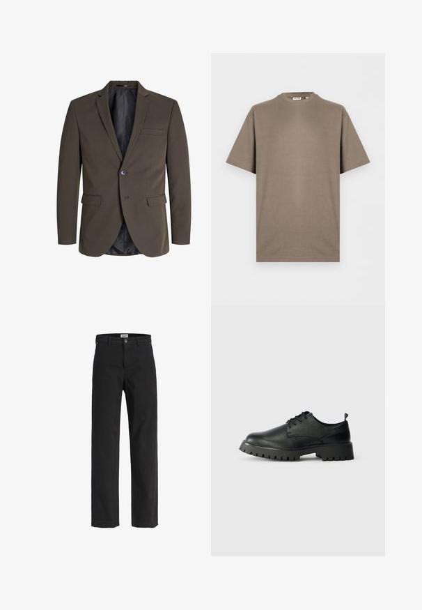 Donkerbruine blazer met een enkele knoop, twee voorzakken en een notch revers. De binnenkant is gevoerd met zwarte stof voor contrast.; Effen taupekleurig katoenen T-shirt met korte mouwen, ronde hals en losse pasvorm, getoond op een witte achtergrond.; Zwarte broek met rechte pijpen, riemlussen, knoopsluiting aan de voorkant, rits en zakken aan voor- en achterkant.; Zwarte leren veterschoenen met een ronde neus, een gestructureerd oppervlak en een chunky rubberen zool met diepe profielen voor grip.