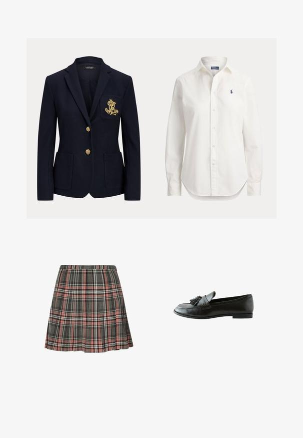 Marineblå blazer med hakket revers, to guldknapper, to forlommer med påsyet lommer og guldbroderet "RL" logo på venstre brystlomme.; Hvid langærmet skjorte med knapper, krave og lille blåt logo af en polospiller på venstre bryst.; Rutnederdel i grå og pink med plisseret design og sorte og hvide accenter. Fremstillet af vævet stof, midt på låret længde.; Sort læderloafer med kvaster på toppen og lav hæl, vist fra siden på hvid baggrund.