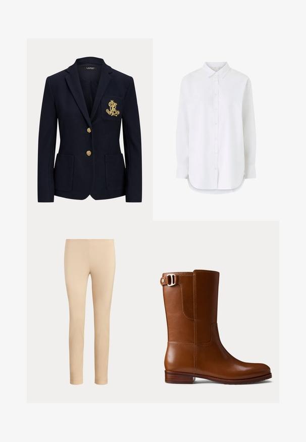 Marineblauer Blazer mit gekerbtem Revers, zwei goldenen Knöpfen, zwei aufgesetzten Taschen vorne und goldbesticktem "RL" Logo auf der linken Brusttasche.; Weißes Hemd mit durchgehender Knopfleiste, langen Ärmeln, klassischem Kragen und leicht geschwungenem Saum. Hergestellt aus glattem Stoff mit sauberem Finish.; Beige, figurbetonte, knöchellange Hose mit glatter Oberfläche und ohne sichtbare Taschen oder Verzierungen auf einfarbigem Hintergrund.; Brauner Leder-Stiefelette mit glatter Oberfläche, abgerundeter Spitze und dekorativer Schnalle an der Seite. Verfügt über einen niedrigen Holzabsatz und minimalistische Nähte.