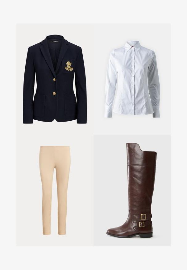 Marineblauer Blazer mit gekerbtem Revers, zwei goldenen Knöpfen, zwei aufgesetzten Taschen vorne und goldbesticktem "RL" Logo auf der linken Brusttasche.; Weißes Hemd mit langen Ärmeln, Punktkragen, taillierter Passform, glattem Baumwollstoff und Knopfverschluss vorne.; Beige, figurbetonte, knöchellange Hose mit glatter Oberfläche und ohne sichtbare Taschen oder Verzierungen auf einfarbigem Hintergrund.; Braune Leder-Knöchelstiefel in kniehoher Höhe mit runder Zehenform, ausgestattet mit zwei goldfarbenen Schnallen am Knöchel und einer glatten, polierten Oberfläche.