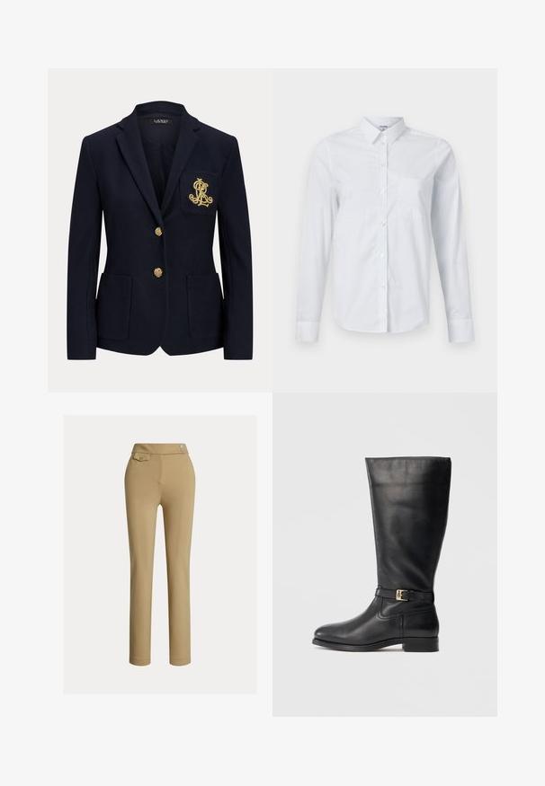 Blazer bleu marine avec revers cranté, deux boutons dorés, deux poches plaquées à l'avant et logo "RL" brodé en or sur la poche poitrine gauche.; Chemise blanche à manches longues en coton, avec col, ouverture boutonnée à l'avant, et une poche poitrine unique. Texture lisse. Sans motifs.; Pantalons slim beige pour femmes avec taille haute, deux boutons sur le côté et une petite poche à rabat boutonnée près de la taille.; Bottes noires en cuir, arrivant jusqu'au genou, avec une texture lisse, un petit détail de boucle en or, un bout rond et un talon bas empilé. Design simple et épuré.