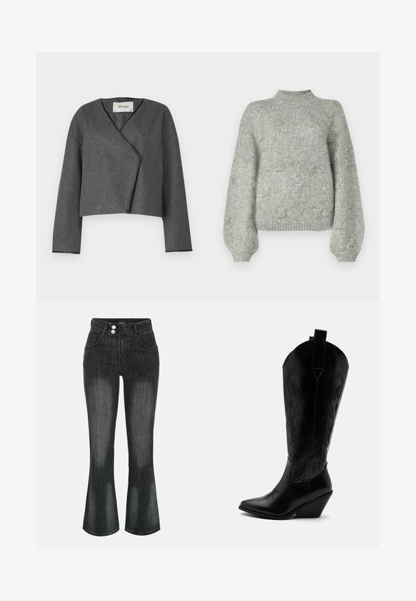 Chaqueta corta gris con un diseño envolvente, hecha de un tejido texturizado, con escote en V y mangas largas con ribetes negros.; Suéter de punto gris claro con cuello alto, mangas amplias y una textura suave. Presenta un patrón sutil en toda su superficie.; Vaqueros negros de denim lavado con cintura alta, cierre de doble botón, bolsillos delanteros y piernas ligeramente acampanadas.; Bota de vaquero de cuero negro con punta puntiaguda, tacón bloqueado inclinado, costuras decorativas y lengüetas en la parte superior sobre fondo blanco.