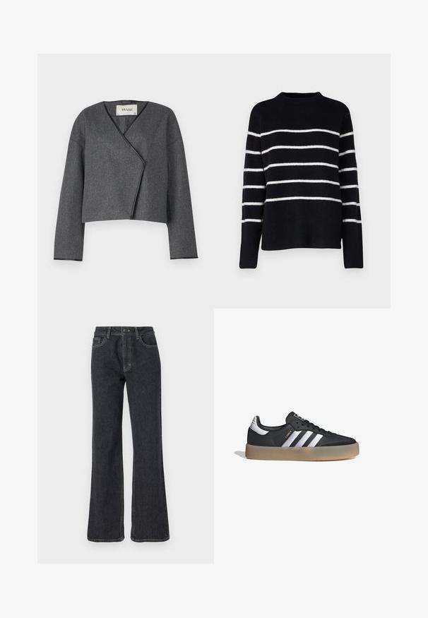 Chaqueta corta gris con un diseño envolvente, hecha de un tejido texturizado, con escote en V y mangas largas con ribetes negros.; Vero Moda Tall VMFLAWLESS - Jersey de punto - black/birch; Jeans de mezclilla oscura acampanados con cintura alta, con costuras doradas, cinco bolsillos y cierre de botón. Textura suave, diseño de pierna recta.; Zapatilla deportiva de cuero negro con tres rayas plateadas, punta texturizada y suela de goma. Cuenta con un collar acolchado y un diseño con cordones.