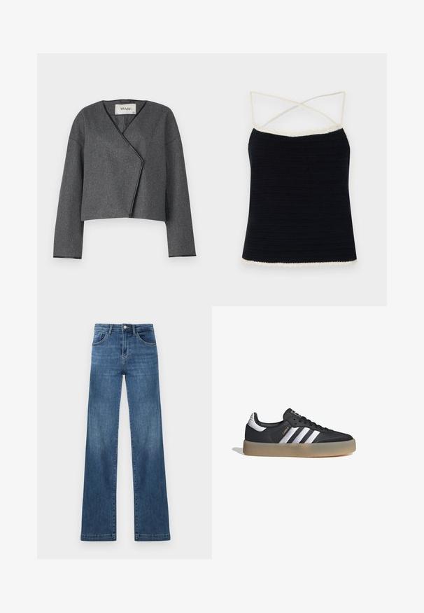 Chaqueta corta gris con un diseño envolvente, hecha de un tejido texturizado, con escote en V y mangas largas con ribetes negros.; Camiseta de ganchillo negra con ribete de crema en forma de ondas, que presenta tirantes cruzados y una silueta ajustada. Textura suave con patrones horizontales.; Vaqueros de mezclilla oscura con pierna recta, que cuentan con una cintura alta, cinco bolsillos y un cierre de botón de metal. Detalles de lavado desteñido distintivos.; Zapatilla deportiva de cuero negro con tres rayas plateadas, punta texturizada y suela de goma. Cuenta con un collar acolchado y un diseño con cordones.