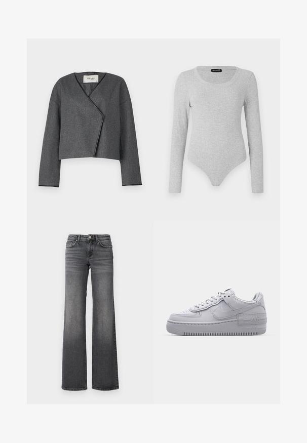 Chaqueta corta gris con un diseño envolvente, hecha de un tejido texturizado, con escote en V y mangas largas con ribetes negros.; Bodysuit de manga larga en tela de canalé gris claro, con escote en forma de U y un corte ajustado con parte inferior tipo tanga.; Jeans de mezclilla oscuros de pierna recta en gris con un ligero desvanecimiento en los muslos y diseño estándar de cinco bolsillos sobre un fondo blanco.; Zapatilla Nike Air Force 1 gris con puntera perforada, parte superior de cuero suave, suela gruesa y detalle en relieve 'AIR' en el talón.