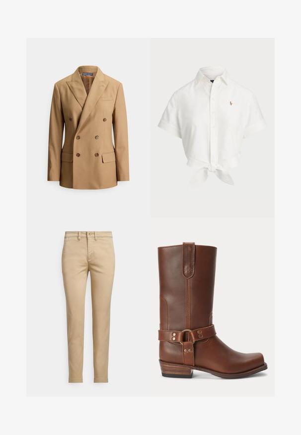 Blazer cruzado de doble botonadura hecho de tela suave, con dos bolsillos frontales, botones marrones, solapas de pico y un diseño entallado elegante.; Camisa blanca de manga corta hecha de algodón, con un dobladillo atado, cuello puntiagudo y pequeño logo bordado en el lado izquierdo del pecho.; Pantalones chinos de algodón beige con corte recto, cierre con botón, bolsillos frontales y detalles cosidos a lo largo de las costuras.; Bota marrón de cuero hasta la mitad de la pantorrilla con un tacón bajo de madera, punta redonda y una correa decorativa con tachuelas metálicas alrededor del tobillo.