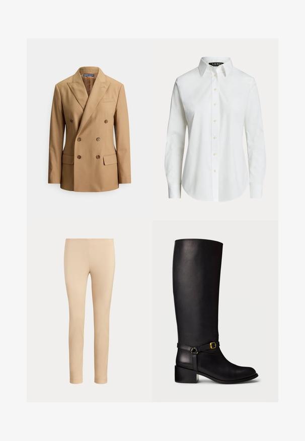 Tan dobbeltradet blazer lavet af glat stof, med to forlommer, brune knapper, spids revers og et elegant skræddersyet design.; Hvid langærmet skjorte med knapper, klassisk krave og synlige knapper foran, vist på en ensfarvet baggrund.; Beige slim-fit ankellange bukser med en glat finish og uden synlige lommer eller pynt på en ensfarvet baggrund.; Sort læderknæhøj støvle med lav blokhæl og dekorativ rem med en lille guldspænde ved anklen.