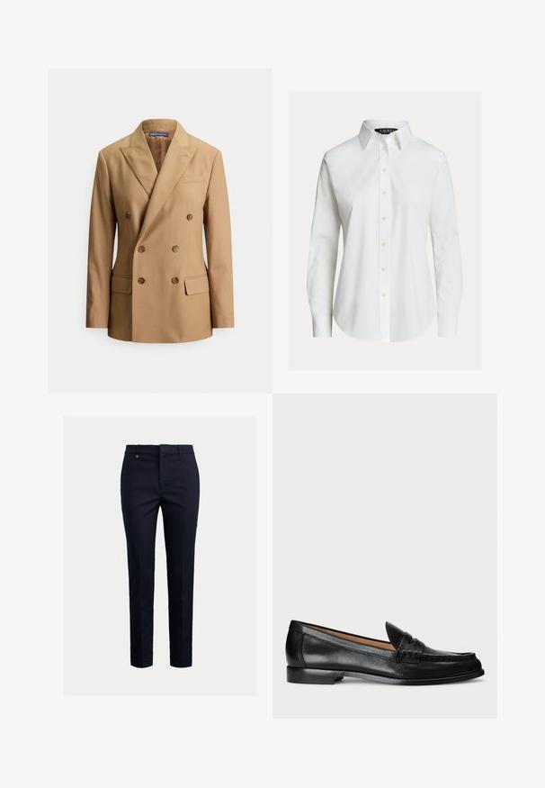 Tan dobbeltradet blazer lavet af glat stof, med to forlommer, brune knapper, spids revers og et elegant skræddersyet design.; Hvid skjorte med lange ærmer, knapper foran, spids krave og let buet kant.; Marineblå chinos lavet af bomuldsblanding med et tilspidset fit, flad front, sidelommer og en enkelt baglomme; har et lille guldlogo.; Lauren Ralph Lauren WYNNIE - Loafers - black