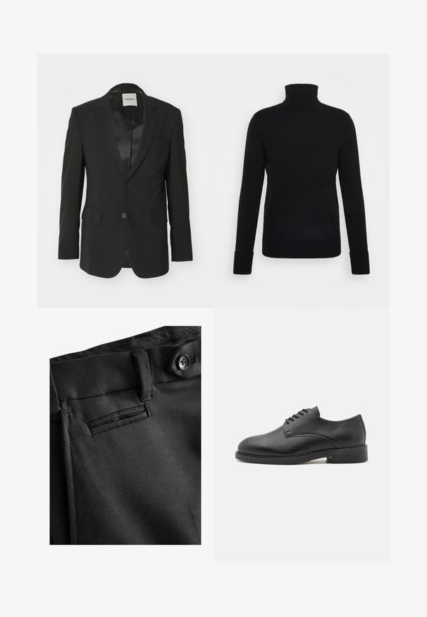 Sort blazer lavet af glat stof med satin finish, enkelt knaplukning, notch revers og to frontlommer.; FTC Cashmere ROLLNECK - Striktrøje - moonless night; Next REGULAR FIT SIGNATURE - Habitbukser - black; Sort læder oxford sko med en rund tå, der har en glat overflade, fem huller til snørebånd og en lav stablet hæl.