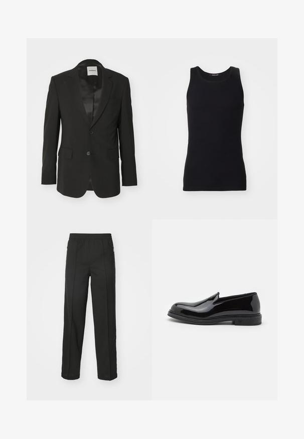 Sort blazer lavet af glat stof med satin finish, enkelt knaplukning, notch revers og to frontlommer.; Sort tanktop lavet af et glat, strækbart materiale. Har en rund halsudskæring og ingen ærmer, med en tætsiddende pasform og enkelt design.; Sorte bukser lavet af strækbart stof, med lige snit, sidelommer med lynlås og en glat tekstur uden synlige mønstre.; Sorte patentlæder slip-on sko med rund tå, har en tekstureret sål og subtil branding på hælen. Glat overfladefinish.