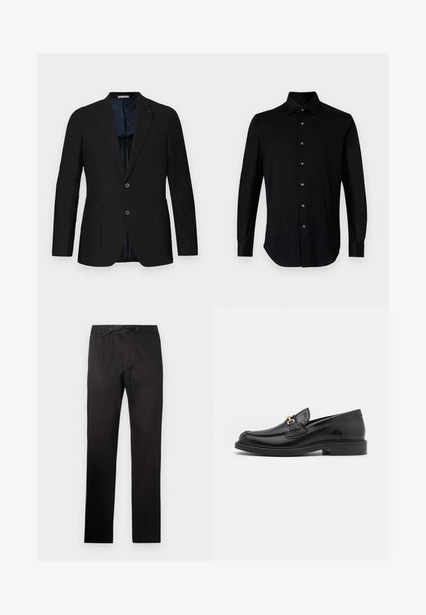 Sort linned blazer med to knapper, notch lapel, frontlommer og blå mønstret for. Fremhævede detaljer inkluderer et diskret logo.; Sort langærmet skjorte med knapper og spidse krave samt knapmanchetter på en plain hvid baggrund.; Sorte bukser med elastisk talje og snor. Har en glat tekstur og lige ben-design. Minimalistisk stil uden mønstre.; Sorte læder loafers med en rund tå, der har guld hardware accent og syningsdetaljer, placeret på en lav, tekstureret gummisål.