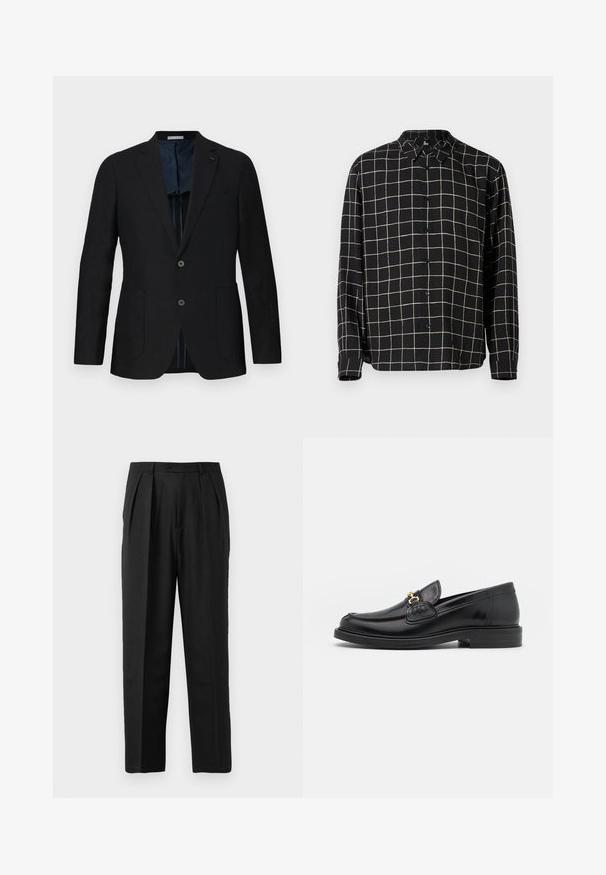 Sort linned blazer med to knapper, notch lapel, frontlommer og blå mønstret for. Fremhævede detaljer inkluderer et diskret logo.; Sort langærmet skjorte med et ternet mønster i beige. Har knaplukning foran og klassisk krave. Glat tekstur, minimalistisk design.; Sorte plisserede bukser med et skrædderlavet design, fremstillet af glat stof, med knaplukning og lige ben.; Sorte læder loafers med en rund tå, der har guld hardware accent og syningsdetaljer, placeret på en lav, tekstureret gummisål.