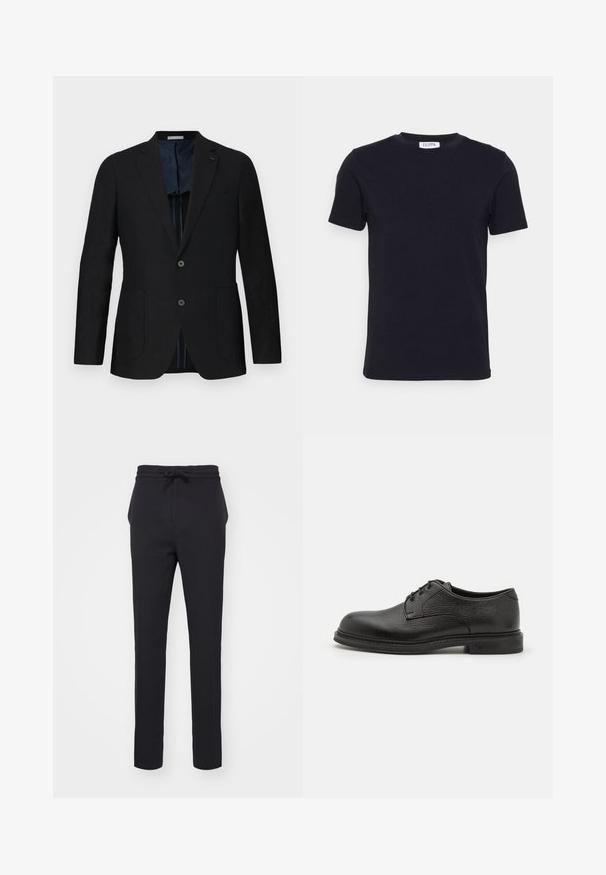 Sort linned blazer med to knapper, notch lapel, frontlommer og blå mønstret for. Fremhævede detaljer inkluderer et diskret logo.; Sort kortærmet t-shirt med rund hals og et lille hvidt mærke indeni halsudskæringen.; Sorte, tætsiddende bukser lavet af et blødt stof. Har en elastisk talje med snore og sidelommer med en glat overflade.; Emporio Armani LACED SHOE - Snøresko - nero