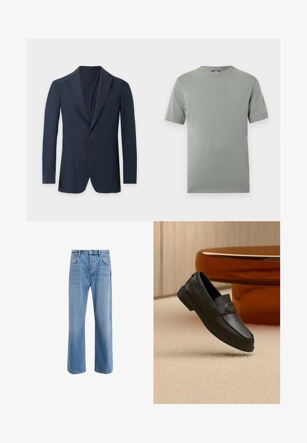 Blazer homme bleu marine foncé avec deux boutons, revers crantés et poches plaquées sur le devant, présenté sur un fond clair uni.; T-shirt gris en coton avec un col rond, des manches courtes et un design simple. Présente une texture lisse et des coutures régulières le long des ourlets.; Jeans en denim bleu clair avec une coupe droite, cinq poches, fermeture à bouton, peu d'usure et des détails de couture contrastés.; Chaussure noire en cuir à enfiler avec des accents cousus, un col relevé et une semelle en caoutchouc plate, positionnée au-dessus d'une surface beige douce.