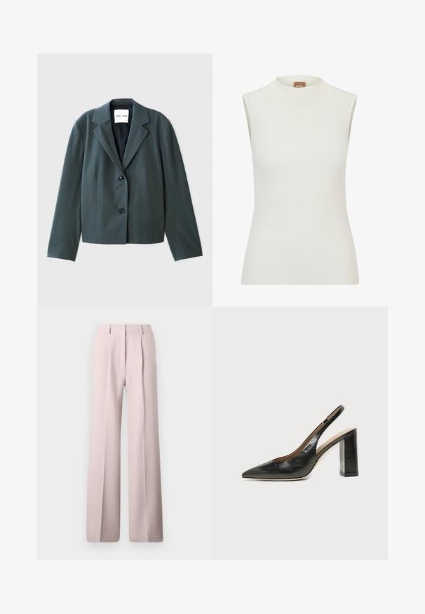 Blazer vert foncé à col, manches longues, design à simple boutonnage avec deux boutons, et texture lisse. Étiquette de la marque visible à l'intérieur.; Haut blanc sans manches avec un col montant, présentant une texture côtelée et un design ajusté. Étiquette de marque "BOSS" visible sur le col.; Pantalons larges rose pâle, avec une texture lisse, présentant des plis à l'avant et une taille ajustée. Pas de matériel ou de motifs visibles.; Chaussure slingback en cuir noir à bout pointu avec un talon bloc haut et une doublure intérieure beige sur un fond clair uni.