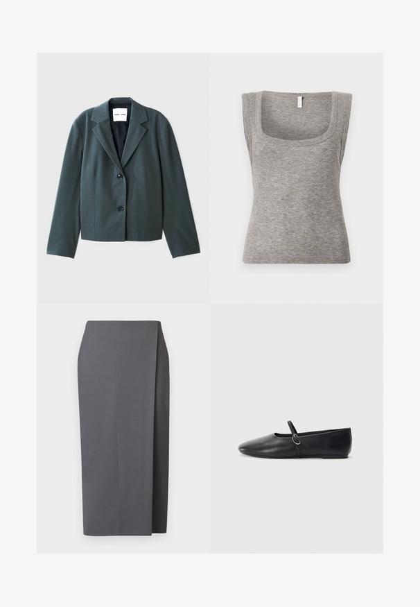 Blazer vert foncé à col, manches longues, design à simple boutonnage avec deux boutons, et texture lisse. Étiquette de la marque visible à l'intérieur.; Débardeur gris sans manches en maille côtelée avec un décolleté carré et une silhouette ajustée, présentant une texture lisse et une légère élasticité.; Jupe grise arrivant aux genoux avec un design épuré. Confectionnée dans un tissu lisse, elle comporte une fente latérale et des lignes nettes pour une apparence minimaliste.; Ballerines noires en cuir avec un bout pointu, une semelle plate et une petite sangle avec un détail de boucle en argent.