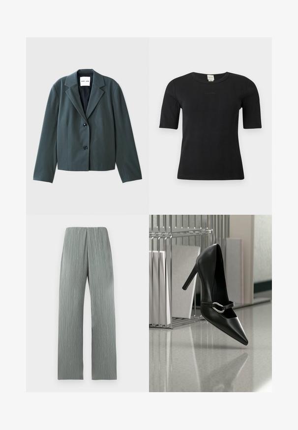Mørkegrøn blazer med krave og lange ærmer, enkeltkneppet design med to knapper og glat tekstur. Mærke inden i synligt.; Sort ribbet Calvin Klein top med korte ærmer, rund halsudskæring og diskret logo broderet på brystet mod en ensfarvet baggrund.; Lysegrå vidde bukser med høj talje og lodrette teksturerede linjer, vist mod en ensartet hvid baggrund.; Sort spids højhælet sko med en sølvspænde, placeret på en reflekterende overflade nær en metalfilorganisator med papirer.