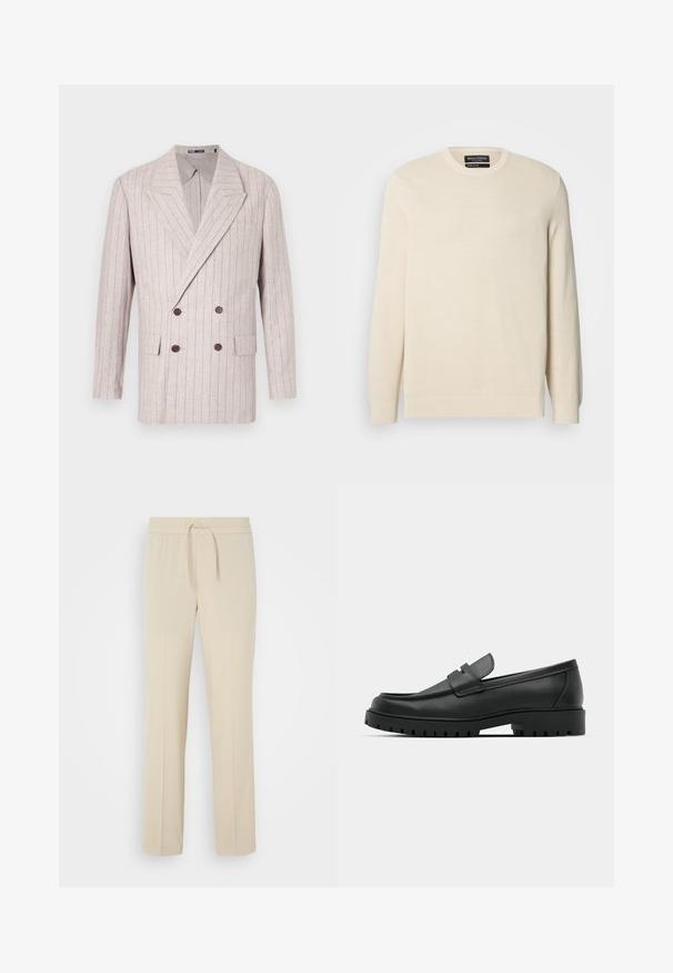 Kaksirivinen bleiseri vaaleassa beigen värisessä pellavassa, jossa on hienovaraisia pinstripe-viivoja. Siinä on leveät kaulukset ja tummanruskeat napit. Mukana on kaksi etutaskua.; Vaaleanbeige neulottu neulepaita pyöreällä kaula-aukolla, pitkät hihat ja hienovarainen tekstuuri. Edessä rintamerkki ja joustinneulottu helma.; Beige, joustava vyötäröpanta, jossa on nauhakuja. Suorat lahkeet ja pehmeä pinta, sopii rentoon käyttöön tai oleskeluun.; Musta nahkaloafers, joissa on pyöreä kärki, ommeltu pinta, matala alusta ja kuvioitu, kuminen ulkopohja.