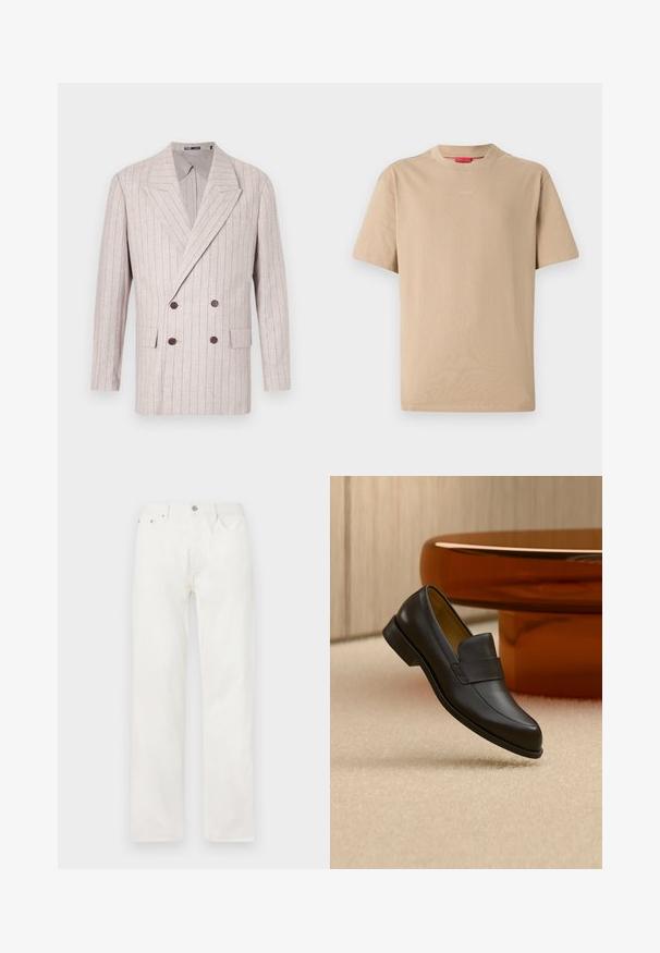 Doppelt gestreifter Blazer aus leichtem beigem Leinen mit feinen Nadelstreifen, ausgestattet mit breiten Revers und dunkelbraunen Knöpfen. Zwei Fronttaschen sind enthalten.; Beige Baumwoll-T-Shirt mit kurzen Ärmeln, Rundhalsausschnitt und dezentem "HUGO"-Logo in der Mitte. Angenehme Textur, legerer Schnitt.; Gerade geschnittene weiße Denim-Jeans mit Vordertaschen, Gürtelschlaufen und Knopfverschluss in der Taille, vor einem einfarbigen Hintergrund gezeigt.; Schwarzer Leder-Loafer mit niedrigem Absatz, der über einem beigen Teppichboden nahe einem runden braunen Tisch schwebt.