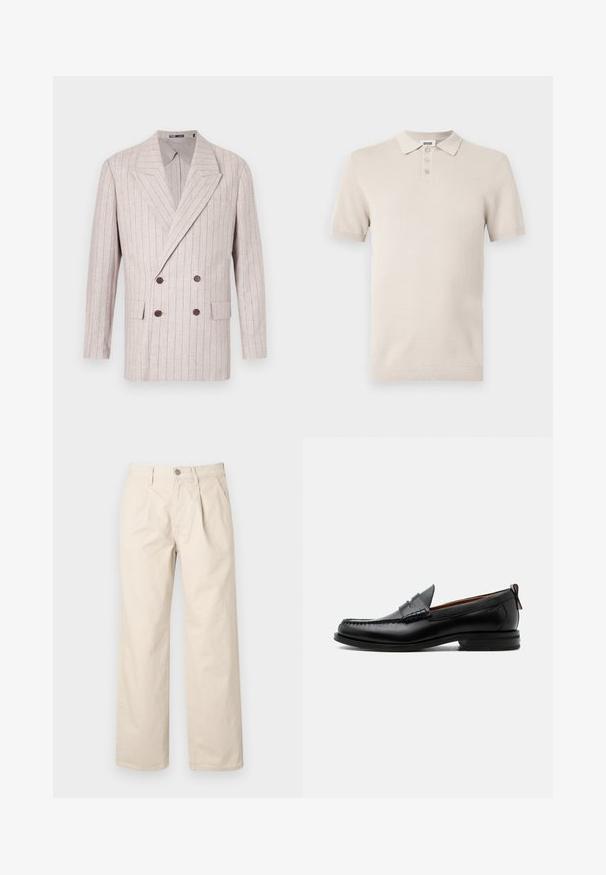 Blazer croisé en lin beige clair avec des rayures discrètes, doté de larges revers et de boutons marron foncé. Inclus : deux poches avant.; Polo à manches courtes, couleur beige clair, avec un tissu texturé, une patte de boutonnage à trois boutons, et un col et un ourlet côtelés assortis.; Pantalons larges beiges à taille haute, avec des plis avant, une fermeture à bouton sur le devant et un tissu en coton lisse.; Mocassin homme en cuir noir avec couture moc toe, bride penny, col texturé et petit talon empilé sur fond blanc.