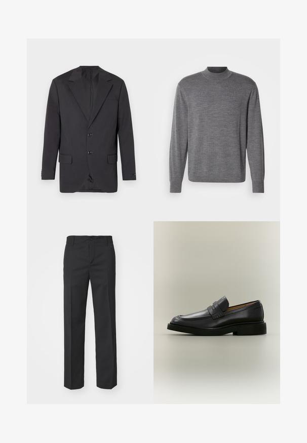 Blazer gris foncé avec un col à cran, deux boutons à l'avant, deux poches latérales et une poche poitrine. Tissu lisse avec une coupe ajustée.; Pull gris à manches longues en matériau tricoté, avec un col montant et un logo discret sur la poitrine. Texture lisse et design ajusté.; Filippa K TROY TROUSERS - Pantalon classique - black; Mocassin homme en cuir noir avec un petit talon et une bride sur le dessus, montré de profil sur un fond neutre.