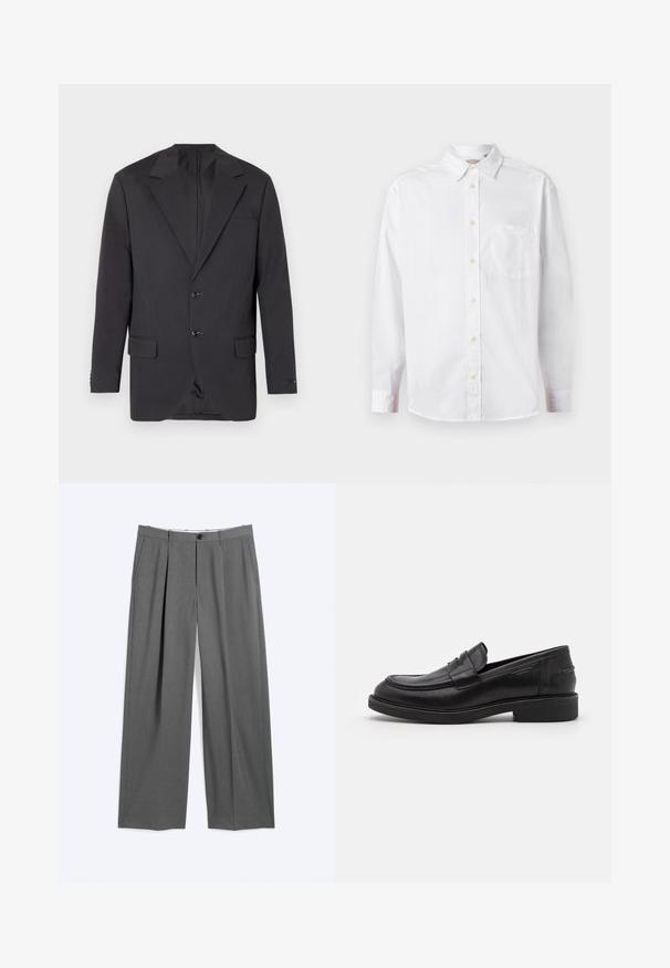 Blazer gris foncé avec un col à cran, deux boutons à l'avant, deux poches latérales et une poche poitrine. Tissu lisse avec une coupe ajustée.; Chemise blanche à manches longues avec un col et une poche poitrine, présentée sur un fond clair.; Pantalon formel gris avec jambes droites, plis à l'avant, poches latérales, passants pour ceinture et fermeture devant par bouton et glissière.; Mocassins en cuir noir avec un bout arrondi, des coutures ton sur ton et un détail de sangle à l'avant. Semelle en caoutchouc avec un petit talon.