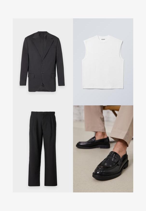 Blazer gris foncé avec un col à cran, deux boutons à l'avant, deux poches latérales et une poche poitrine. Tissu lisse avec une coupe ajustée.; Haut blanc sans manches en coton à col rond avec épaules structurées, marqué "WEEKDAY" sur l'étiquette du col, présenté sur un fond gris clair.; Jack & Jones JPSTBILL JJDAYTONA WIDE CHINO - Chino - black; Mocassins en cuir noir avec une finition lisse, ornés d'une sangle décorative et de coutures contrastées, associés à un pantalon beige.