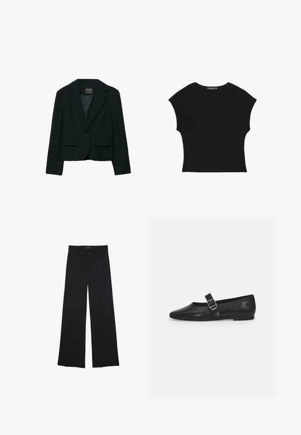 Veste noire sur mesure avec revers crantés, deux poches avant, fermeture à un bouton, et doublure intérieure lisse. Design structuré, aspect formel.; Haut court noir à manches courtes avec encolure ronde et taille légèrement cintrée, fabriqué en tissu doux et léger.; Pantalon noir à jambes larges avec passants de ceinture, bouton frontal et fermeture éclair, étalé à plat sur un fond blanc.; Chaussure plate en cuir noir avec un bout arrondi, une seule sangle réglable à boucle et une texture lisse et brillante. Design minimaliste avec un petit talon.