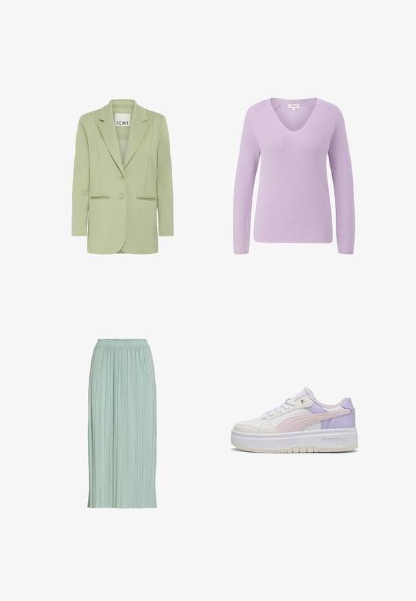 Lichtgroene blazer van zacht materiaal, met een notch-kraag, twee knopen en twee voorzakken met biesdetails.; Lavendel V-halstrui met lange mouwen, geribbelde textuur en een relaxte pasvorm. Bevat zijnaad voor een betere vorm en bewegingsvrijheid.; Lichtgroene geplisseerde midi-rok met elastische tailleband, rechte pasvorm en lichtgewicht stof.; Witte sneaker met pastelroze en paarse panelen, dikke witte zool, Puma-logo aan de zijkant en witte veters, van opzij getoond op een effen achtergrond.