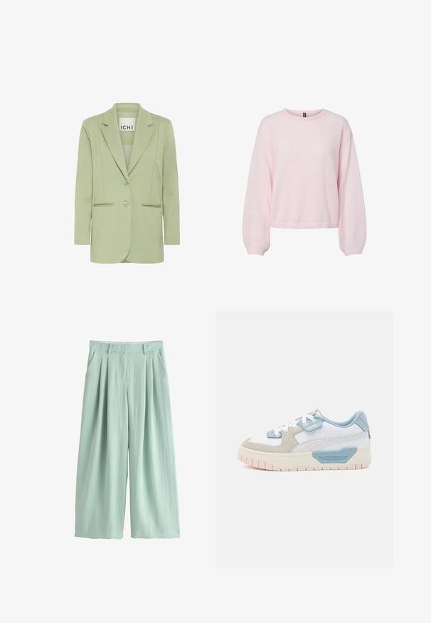 Lichtgroene blazer van zacht materiaal, met een notch-kraag, twee knopen en twee voorzakken met biesdetails.; Lichtroze gebreide trui met lange ballonmouwen, geribbelde manchetten, ronde halslijn en licht cropped zoom.; Lichtgroene broek met wijde pijpen, plooien, zijzakken, ceintuurlussen en een verborgen ritssluiting aan de voorkant.; Sneakers met een witte leren bovenkant, lichtblauwe accenten, beige suède panelen en een gestructureerde roze rubberen zool; geborduurd logo aan de zijkant.