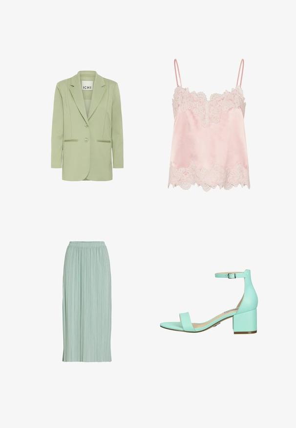 Blazer vert clair en tissu doux, doté d'un col cranté, de deux boutons et de deux poches avant avec des détails en piping.; Caraco en satin rose clair avec bordure en dentelle blanche le long de l'encolure et de l'ourlet, avec fines bretelles réglables.; Jupe midi plissée vert clair avec taille élastique, coupe droite et tissu léger.; Sandale à talon bloc vert menthe avec bride de cheville, dotée d'une large bande au niveau des orteils et en matériau synthétique lisse. Design simple et moderne.