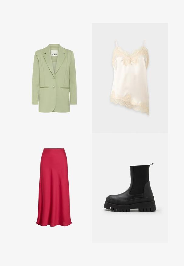 Lichtgroene blazer van zacht materiaal, met een notch-kraag, twee knopen en twee voorzakken met biesdetails.; Crèmekleurige satijnen hemd met fijne kanten afwerking langs de halslijn, zoom en dunne schouderbandjes op een effen achtergrond.; Lange A-lijn rok in felrood, gemaakt van gladde stof. Heeft een hoge taille en een vloeiende silhouet met een lichte glans.; Zwarte enkellaarsjes met een glad leren bovenwerk, elastische zijpanelen en een stevige rubberen zool met diepe groeven voor grip.